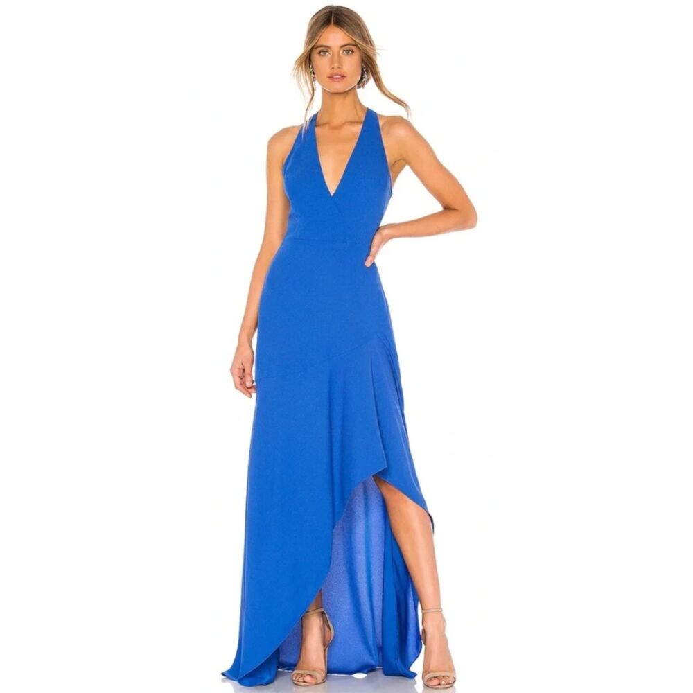 BCBGMAXAZRIA Asymmetrical Crepe Halter Gown True Blue Size 6 NWT